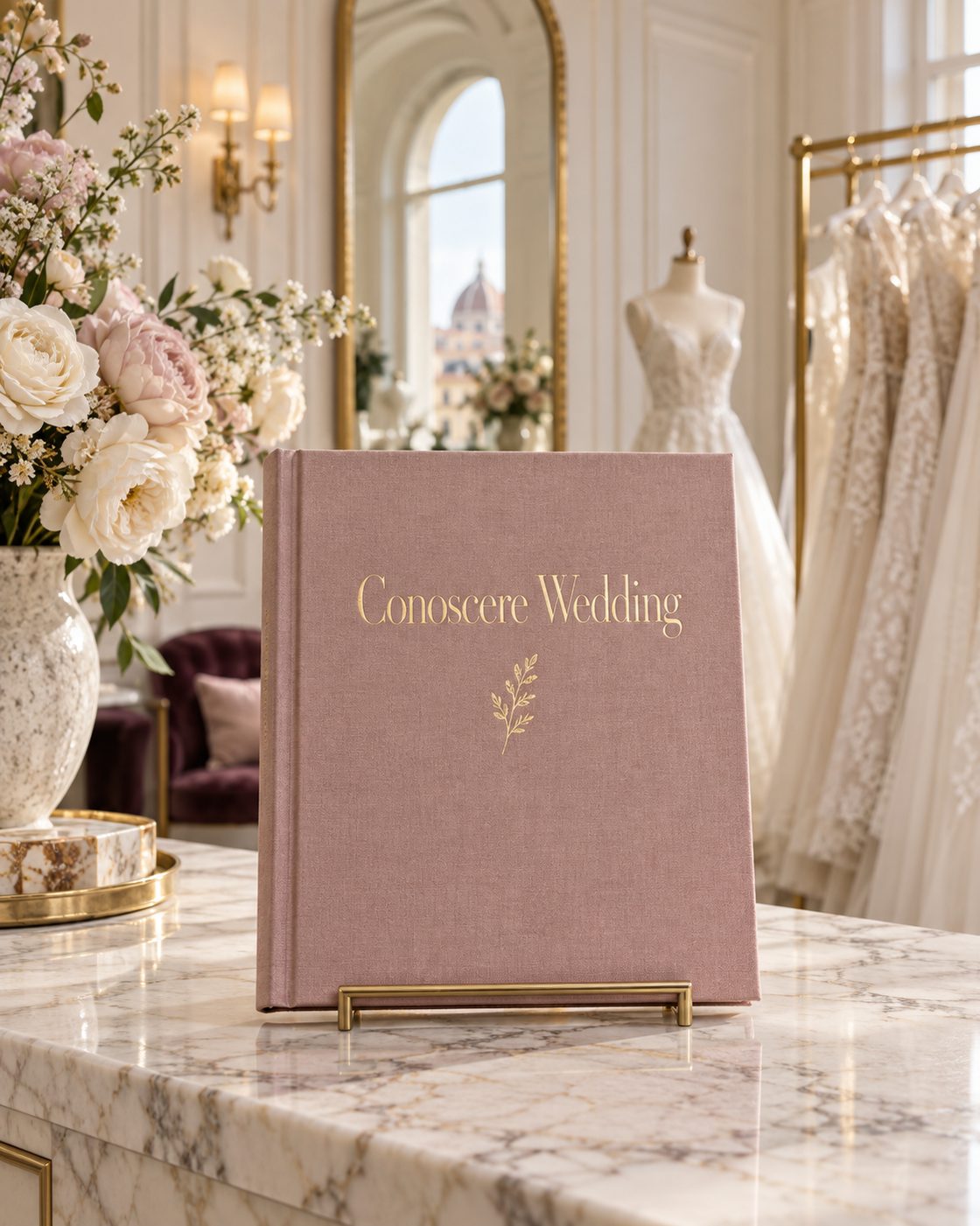 Un volume della collana Conoscere Wedding esposto su un leggio dorato all’interno di un atelier da sposa